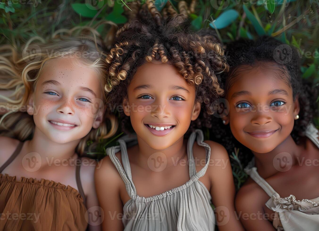 Kids, diversity and happiness of group enjoying summer holiday at park or garden, bonding or relaxing together photo