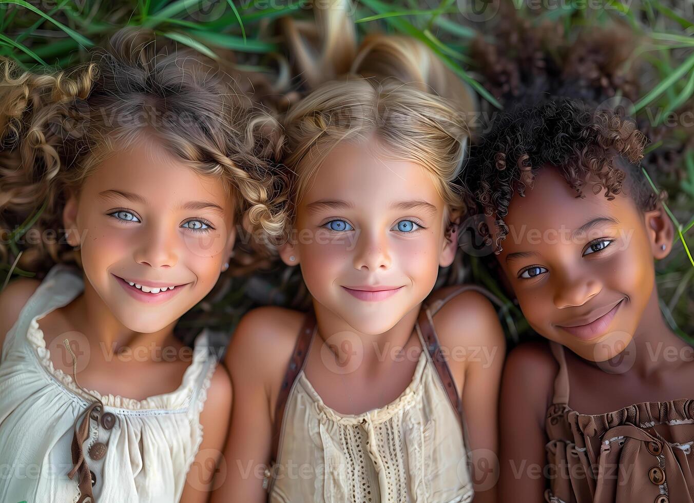 Closeup photo from above of three multiethnic children