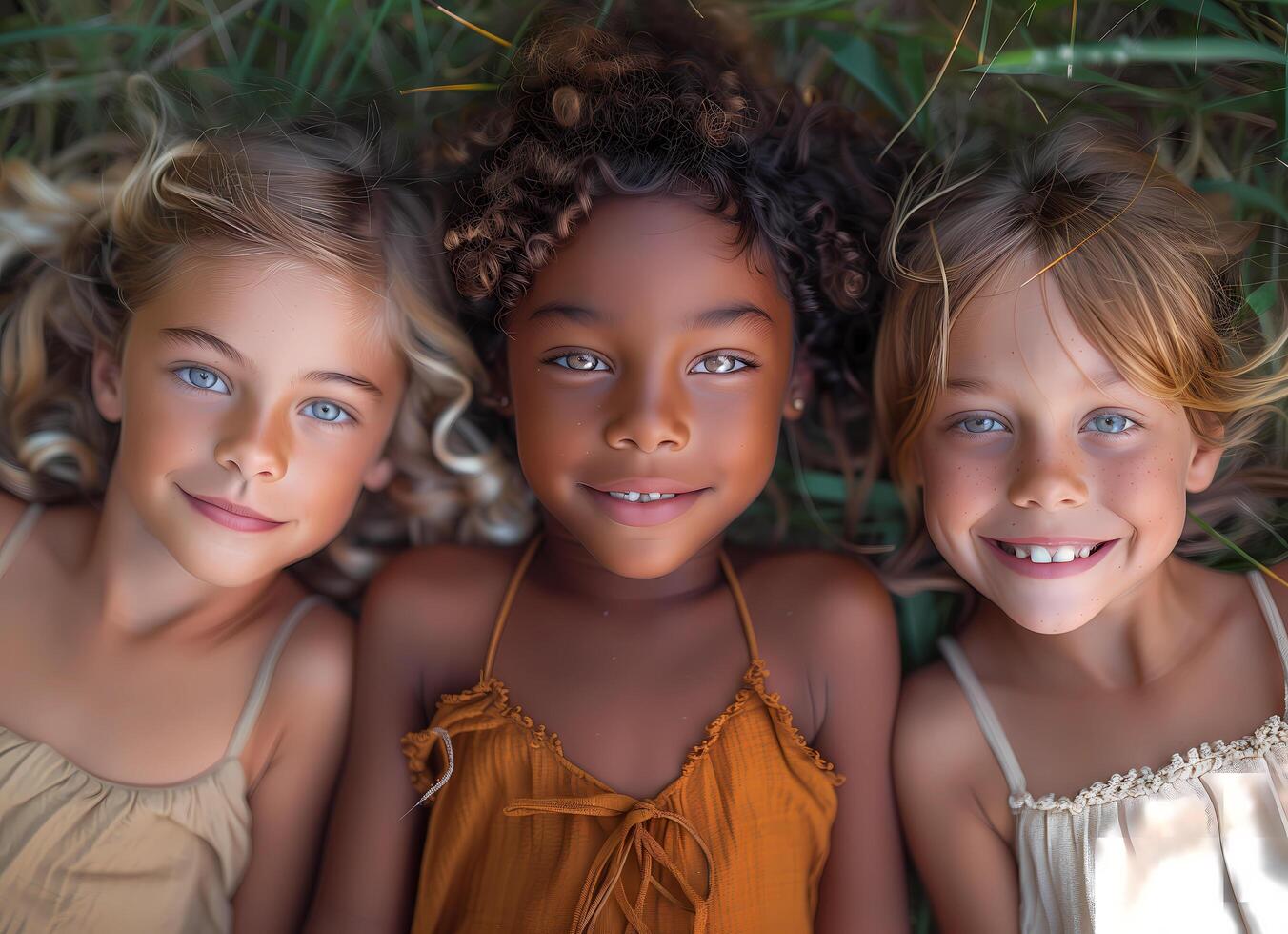 Closeup photo from above of three multiethnic children smiling and lying on the grass