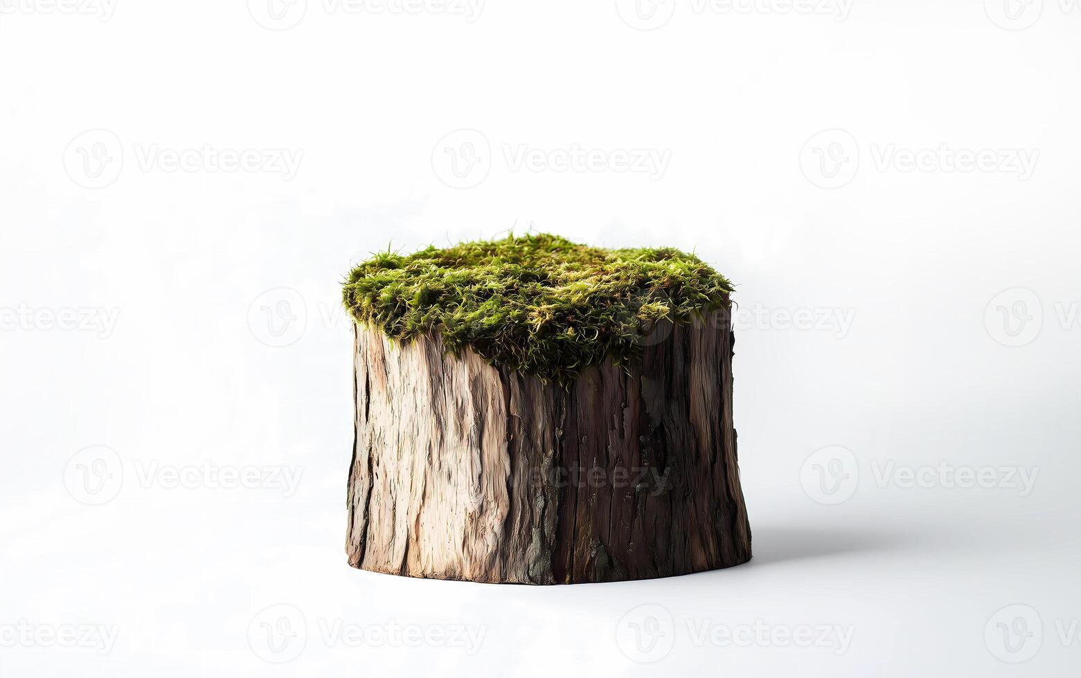 a minimalistic podium made from a tree stump and moss on a white background. A studio shot on a light gray background with soft lighting. Product display for organic eco cosmetic and skin care photo