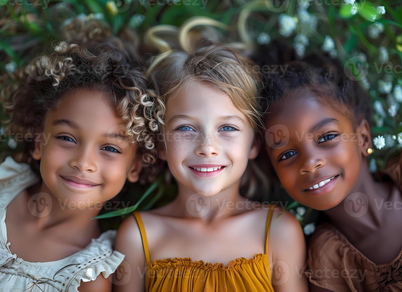 Kids, diversity and happiness of group enjoying summer holiday at park or garden, bonding or relaxing together. Concept of friendship, happiness, lifestyle photo