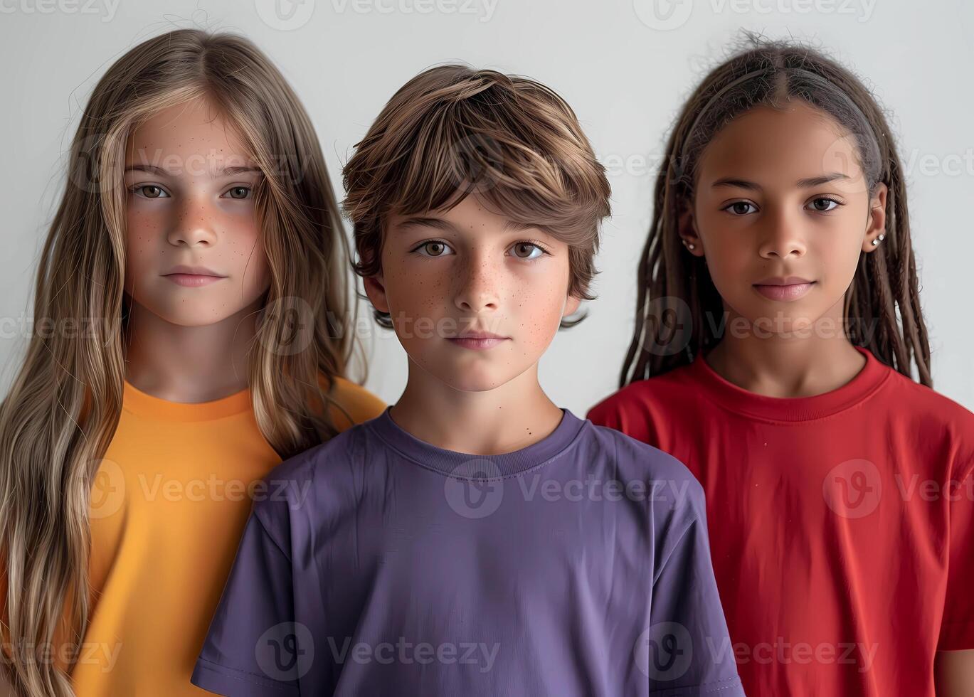 three children wearing colorful t - shirts. Three diverse children wearing plain colored t-shirts smiling and standing against white background photo