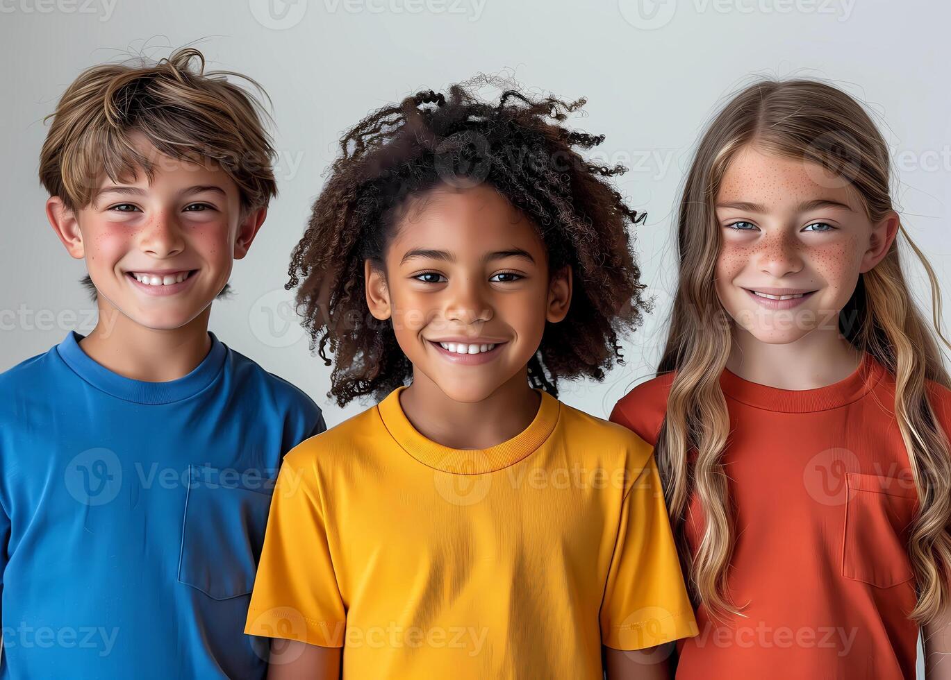 three children in colorful shirts standing together photo