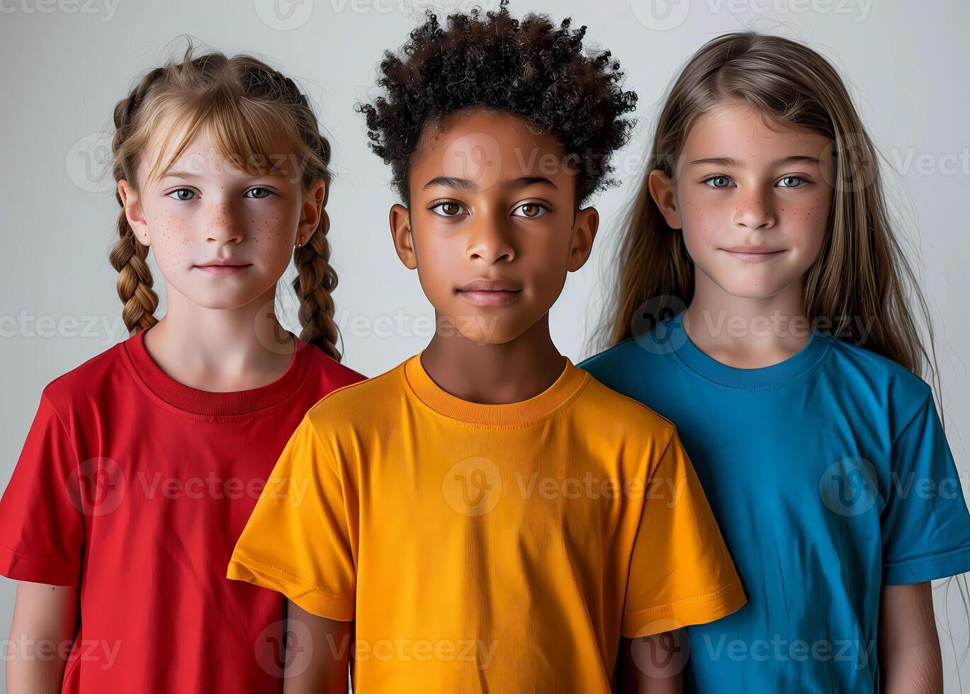 three children wearing colorful shirts standing in front of a gray background photo