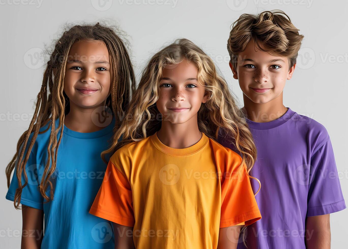 Three diverse children wearing plain colored t-shirts smiling and standing against white background. Concept of friendship, happiness, lifestyle, adoption photo