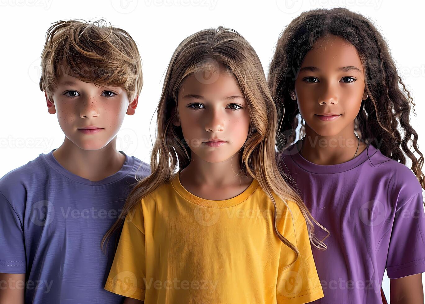 Three diverse children wearing plain colored t-shirts smiling and standing against white background photo