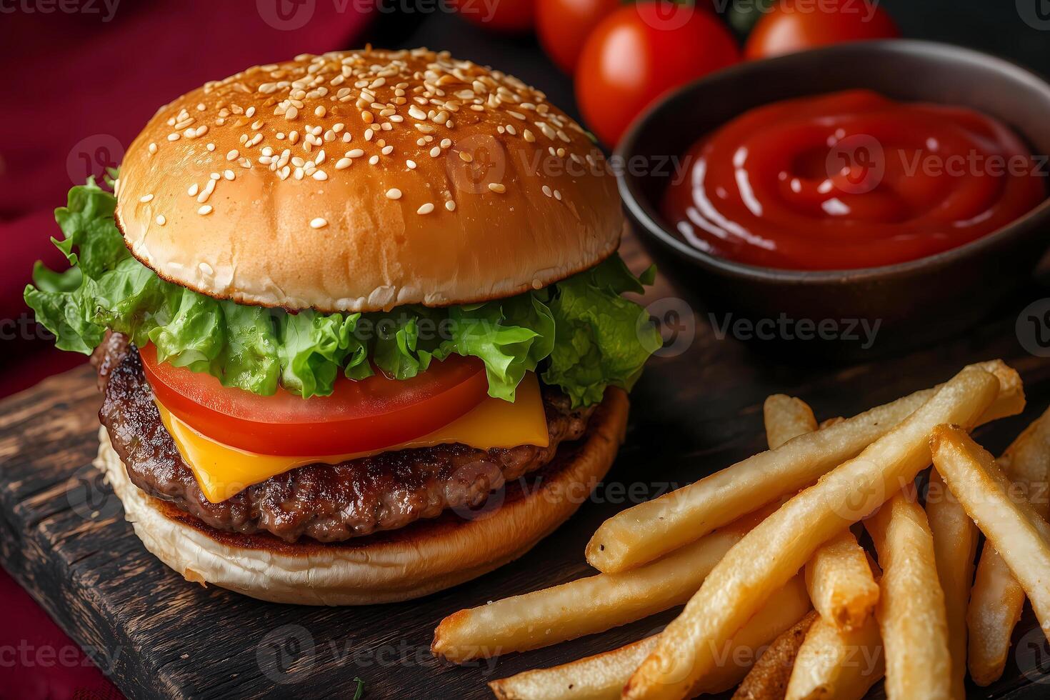 Photo of juicy hamburger with fries on a wooden table. Tasty classic burger with french fries and ketchup. Fast food or junk food concept.