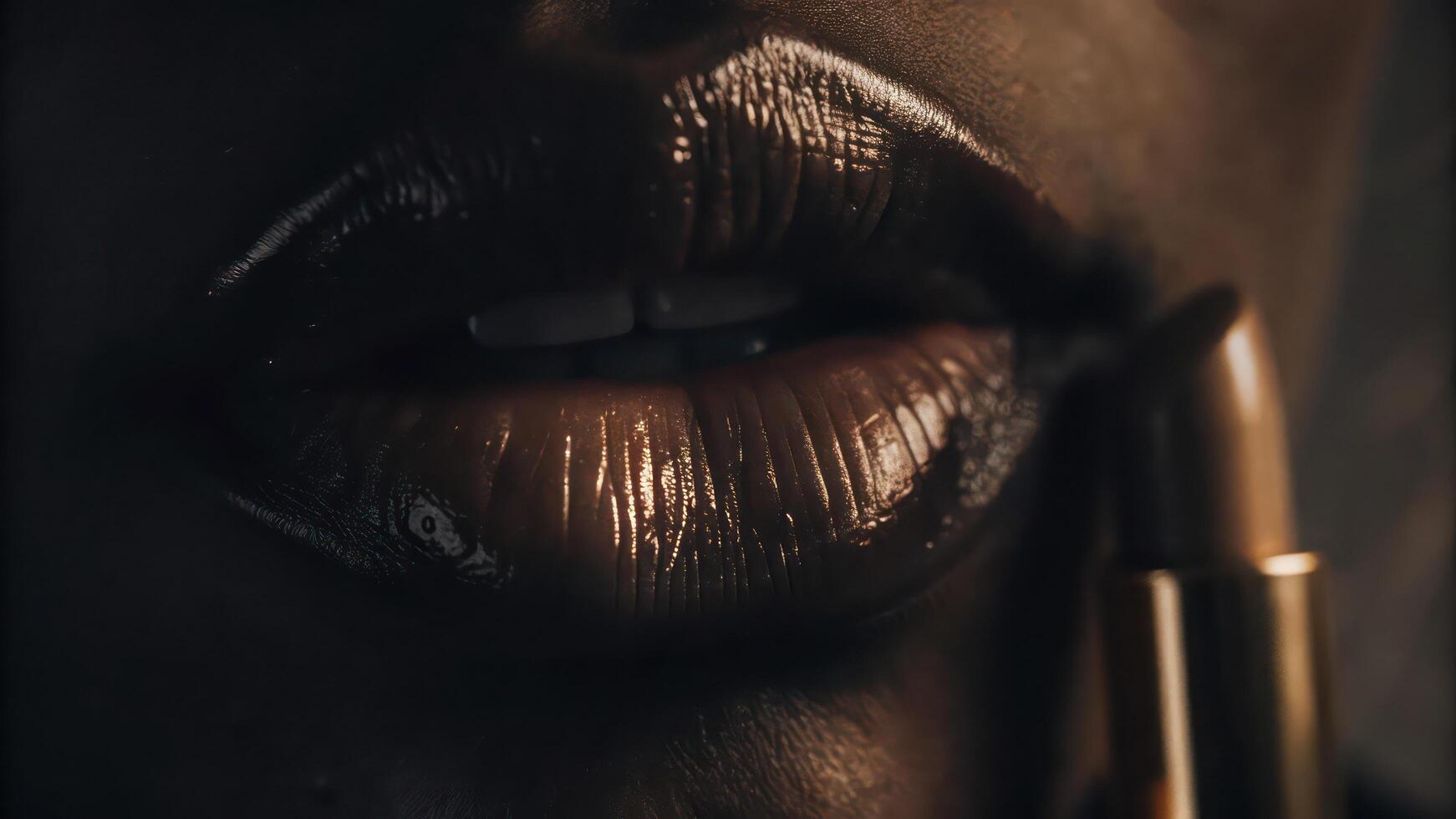 A close up of a woman's lips with a gold lipstick photo