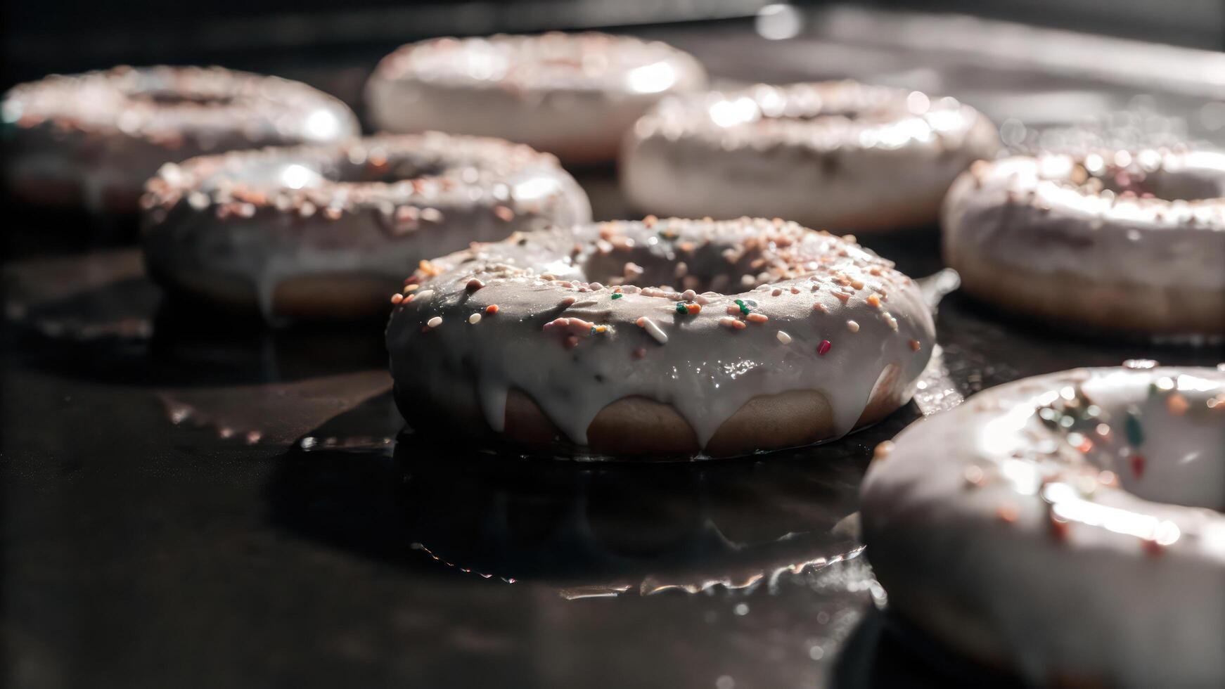 A row of donuts with frosting and sprinkles photo