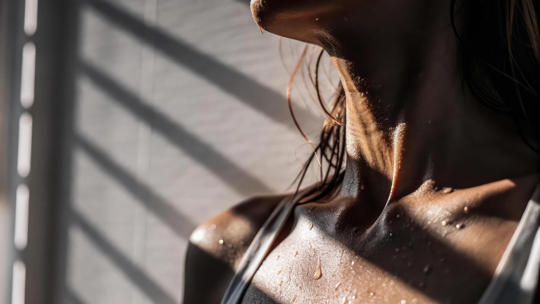 A woman with wet hair standing in front of a window photo