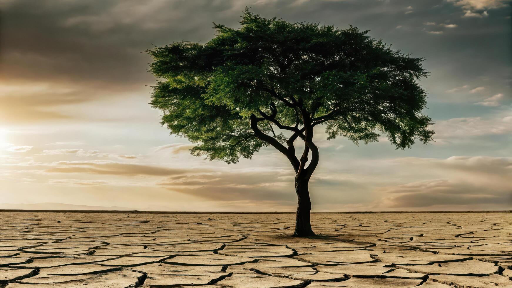A tree is standing in a dry field with cracked earth photo