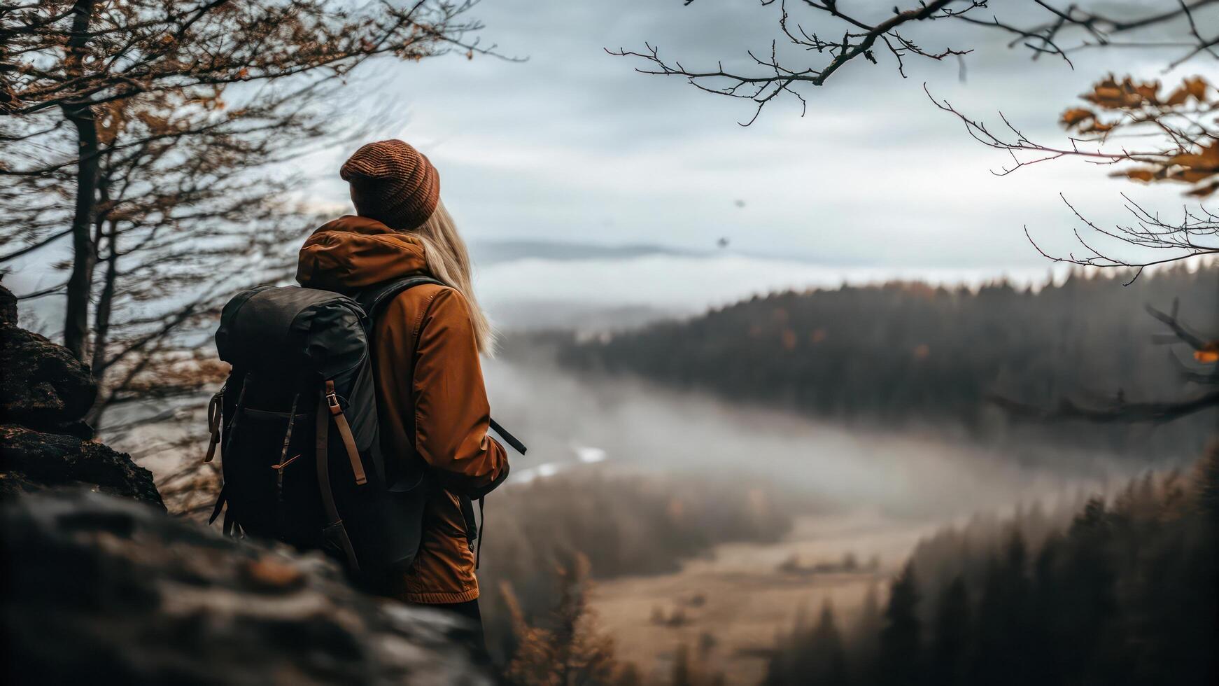 Woman with backpack standing on a mountain overlooking a foggy forest photo