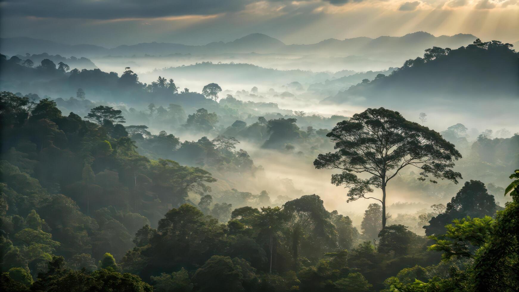 A misty forest with trees and sun rays photo