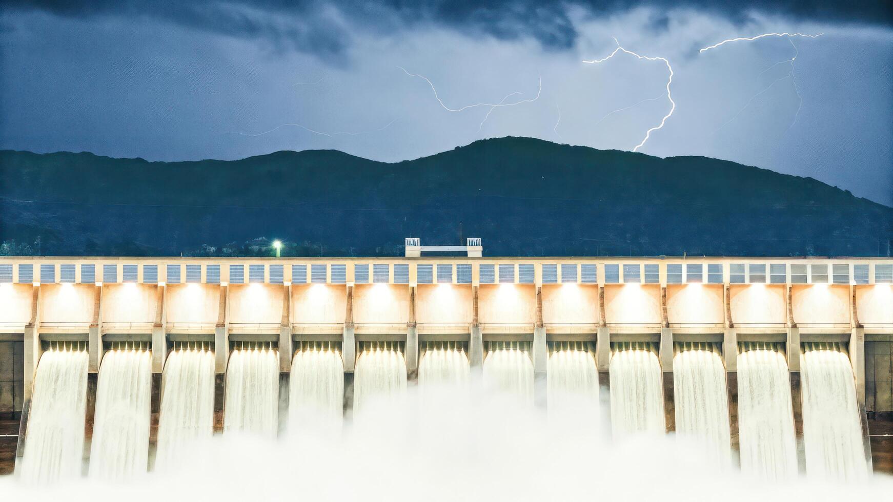 A large dam with water coming out of it photo