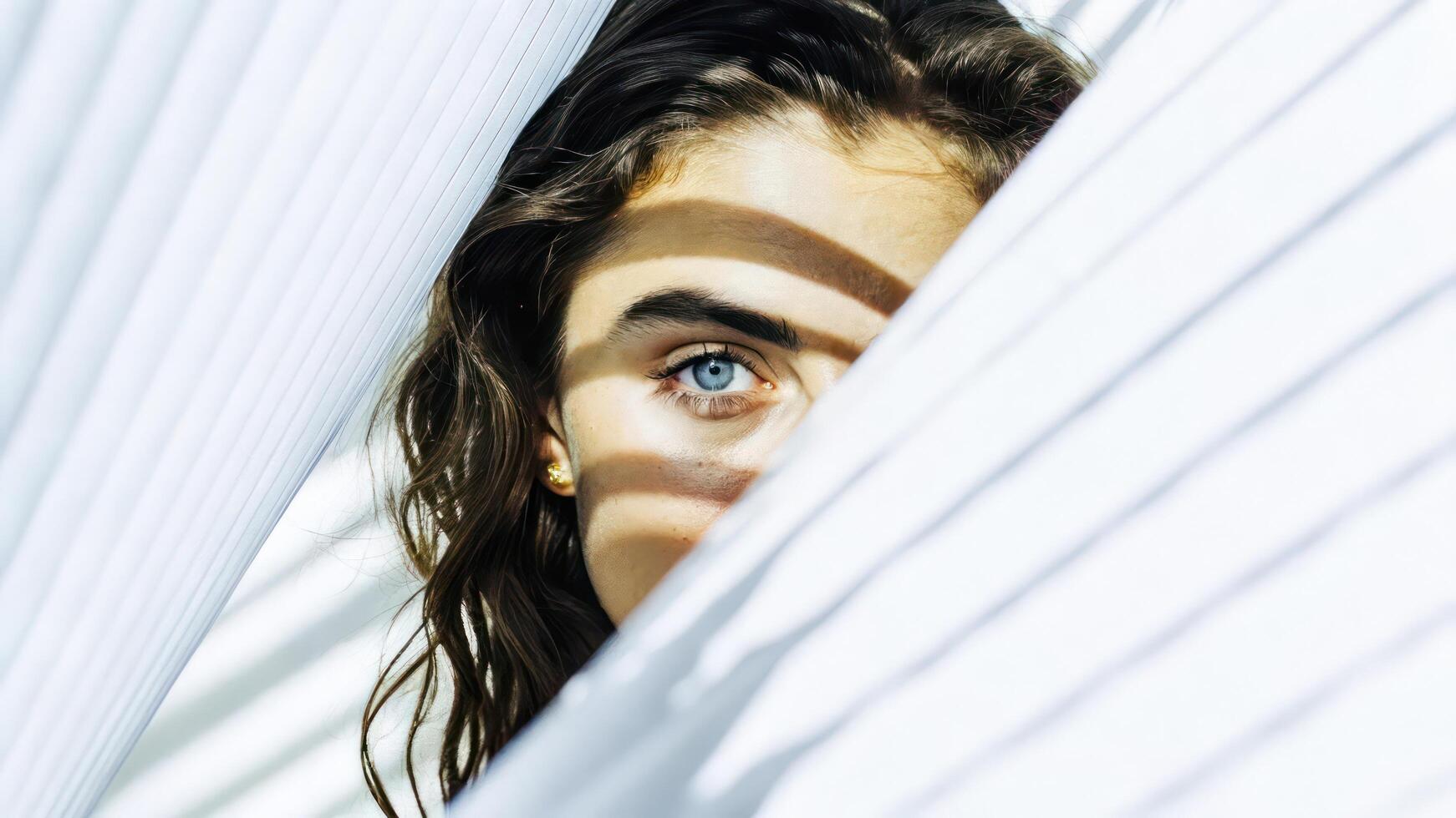 A woman peeking out from behind a white sheet photo