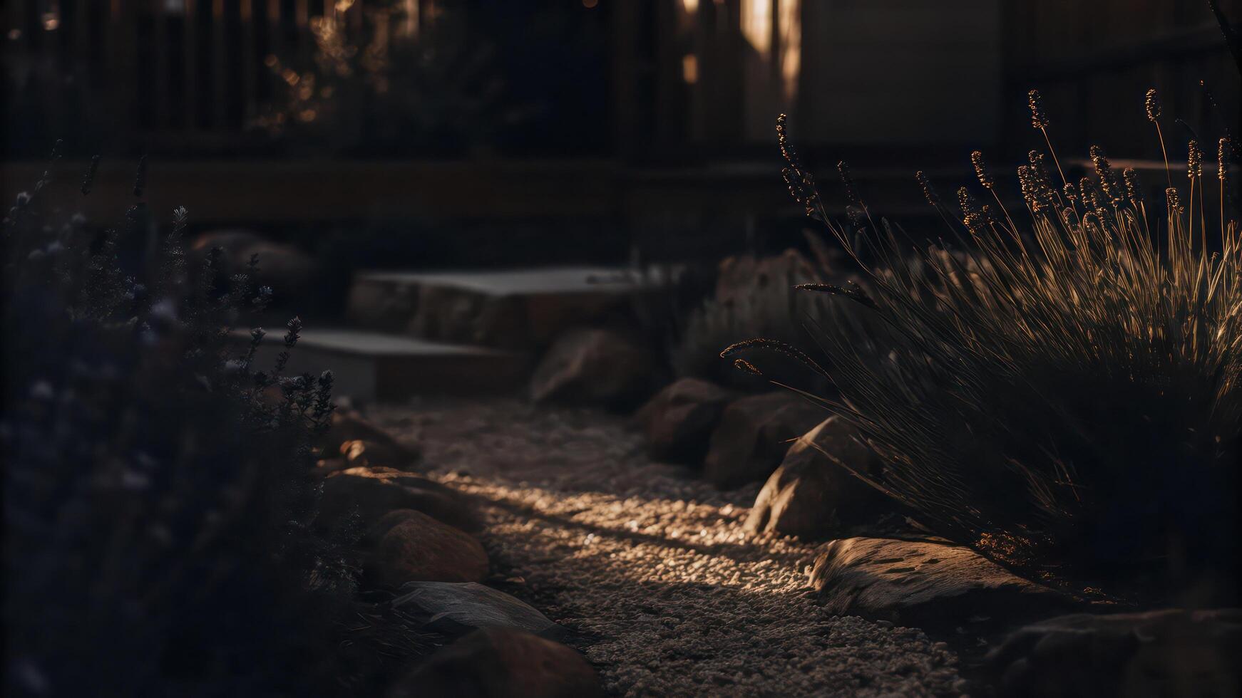 A path with rocks and plants in the sunlight photo