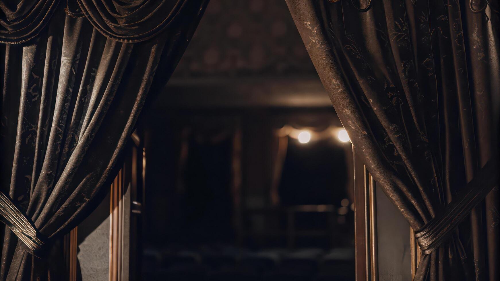 A curtain is open in front of a dark room photo