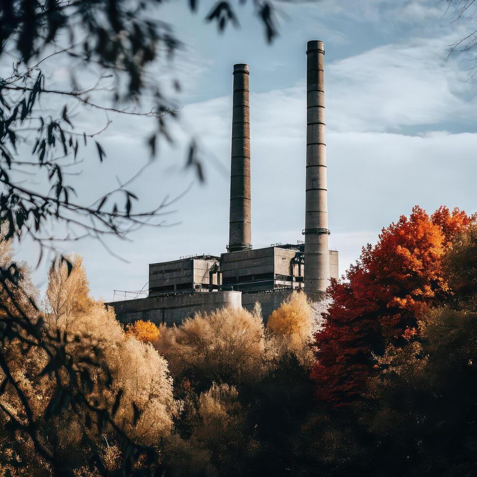 A factory with two chimneys and autumn trees photo