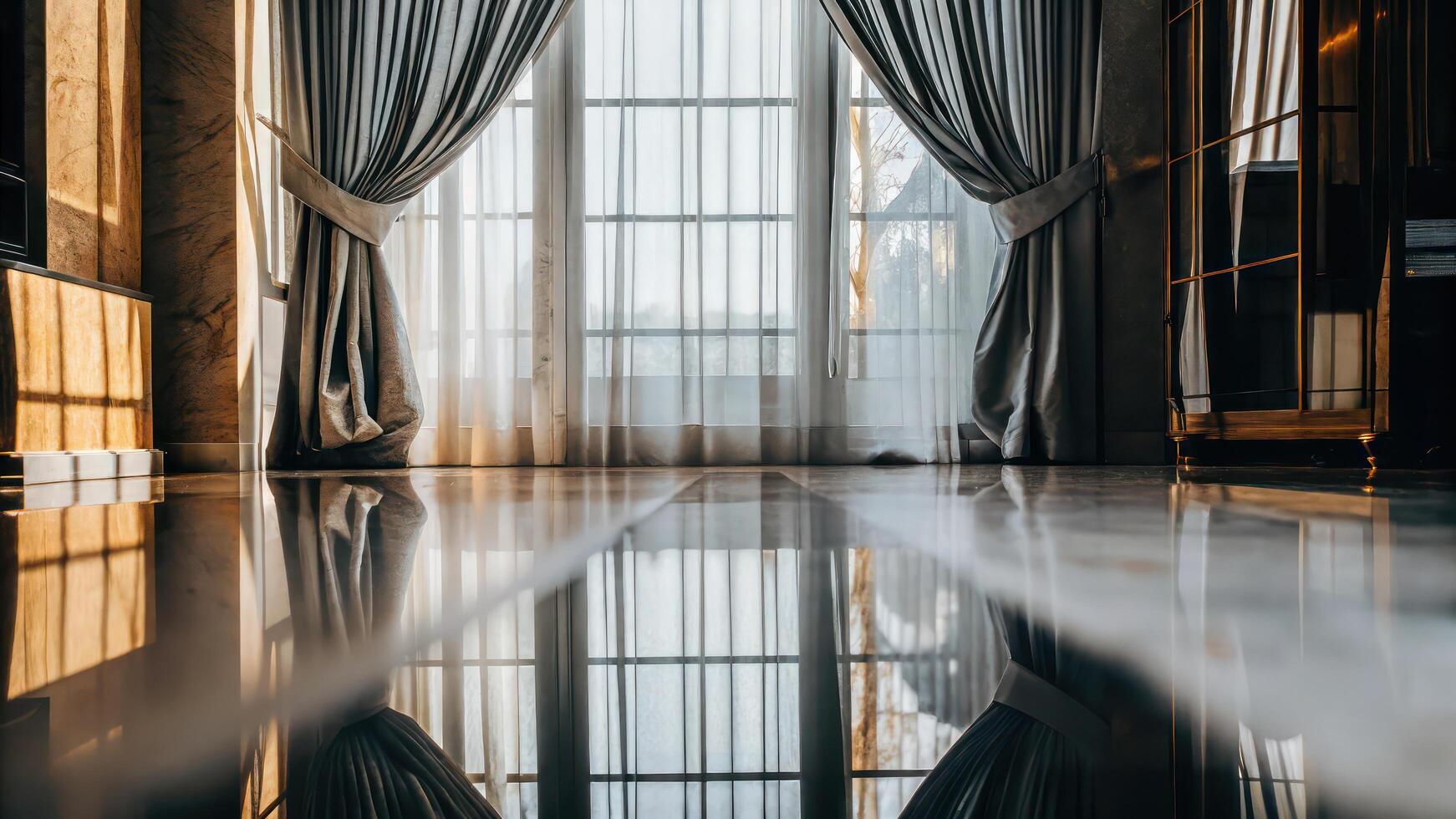 A room with a window and a large mirror photo