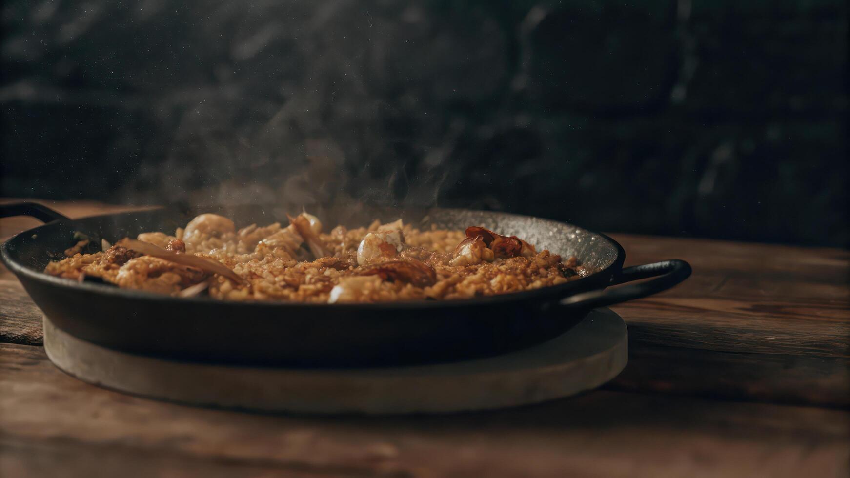 A pan with food in it on a table photo