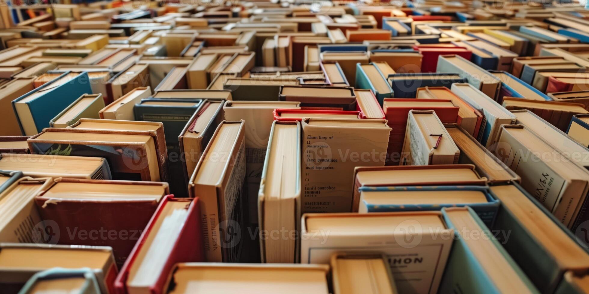Stacked books in a crowded arrangement, showcasing their spines and covers in various colors and sizes, representing a rich collection of knowledge and literature photo