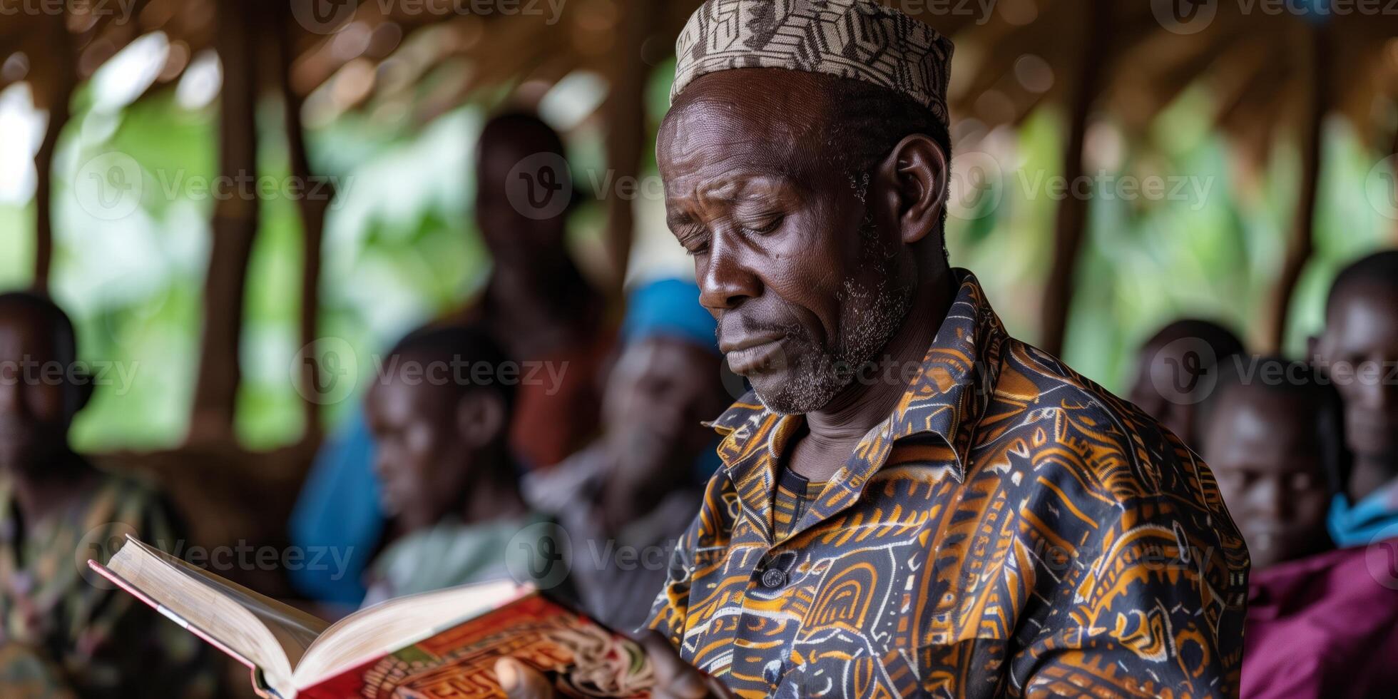 An elder man in traditional attire reading a book in a community setting, surrounded by people in the background, symbolizing knowledge sharing and cultural education photo