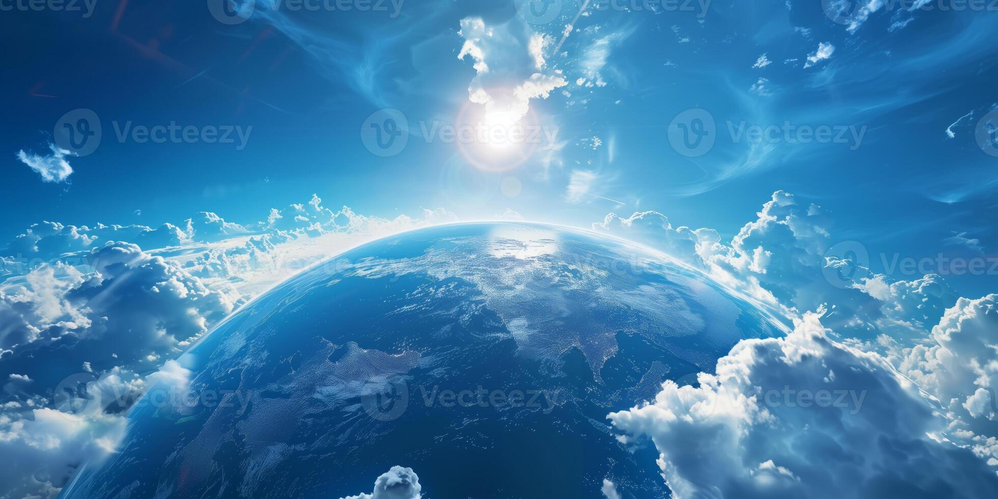 Earth viewed from space surrounded by white clouds under a radiant sun, symbolizing global unity, environmental beauty, and the vastness of our planet in the cosmos photo