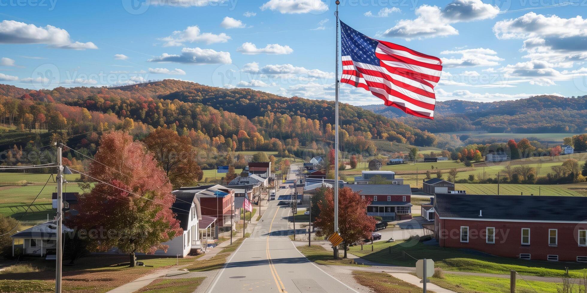 Small American town with a prominent United States flag flying against a bright autumn landscape, showcasing colorful foliage, rolling hills, and a clear blue sky photo