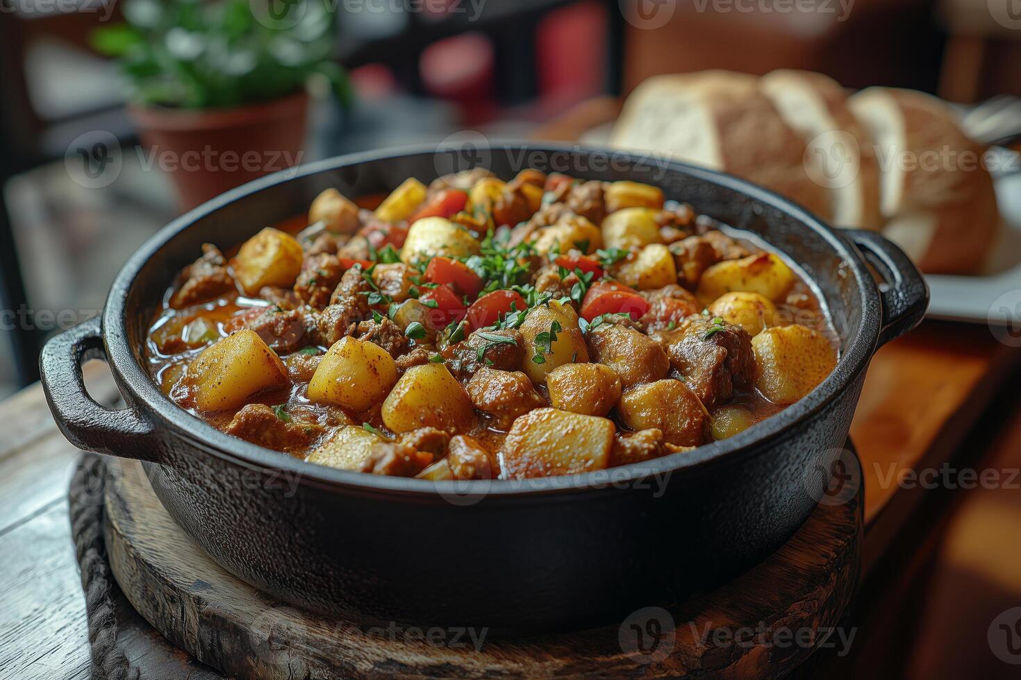 a platter of Hungarian goulash served in a cast-iron pot, accompanied by paprika and bread photo