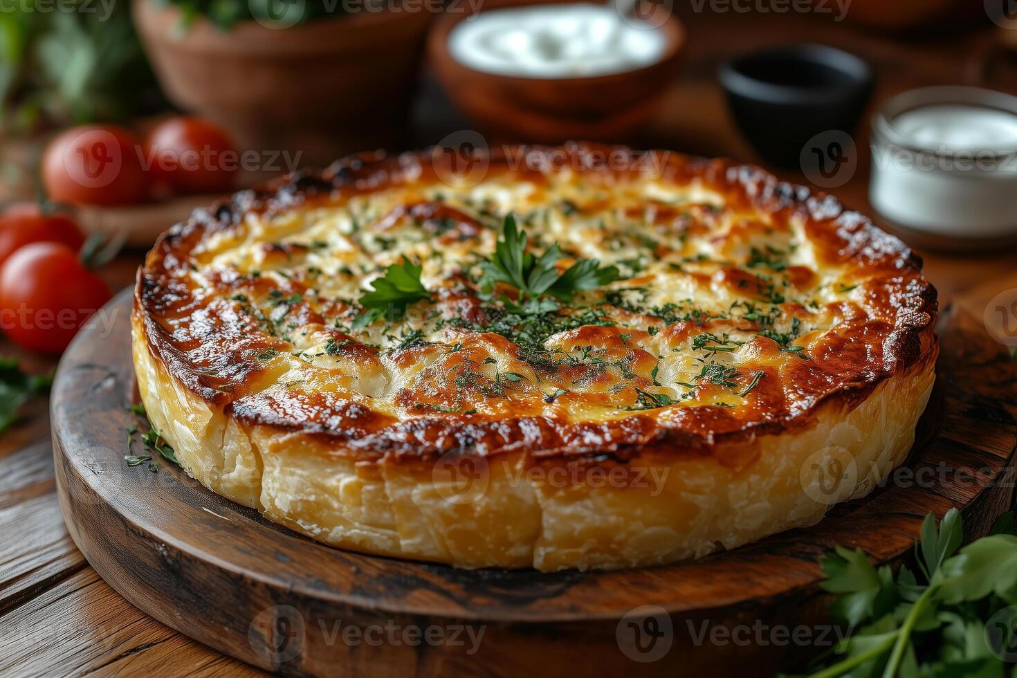 a platter of Bulgarian banitsa, golden and flaky, surrounded by yogurt and fresh herbs, set on a rustic table photo