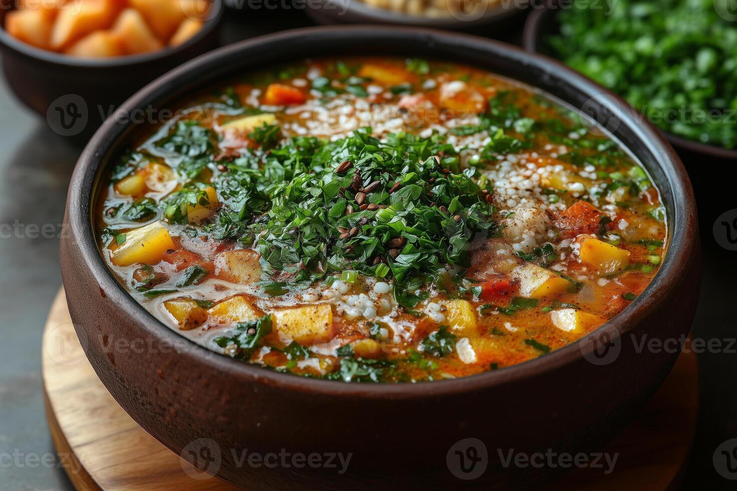 a Nigerian dish of egusi soup with pounded yam, featuring vibrant greens and spiced melon seeds, served in a traditional clay bowl with warm, inviting light photo