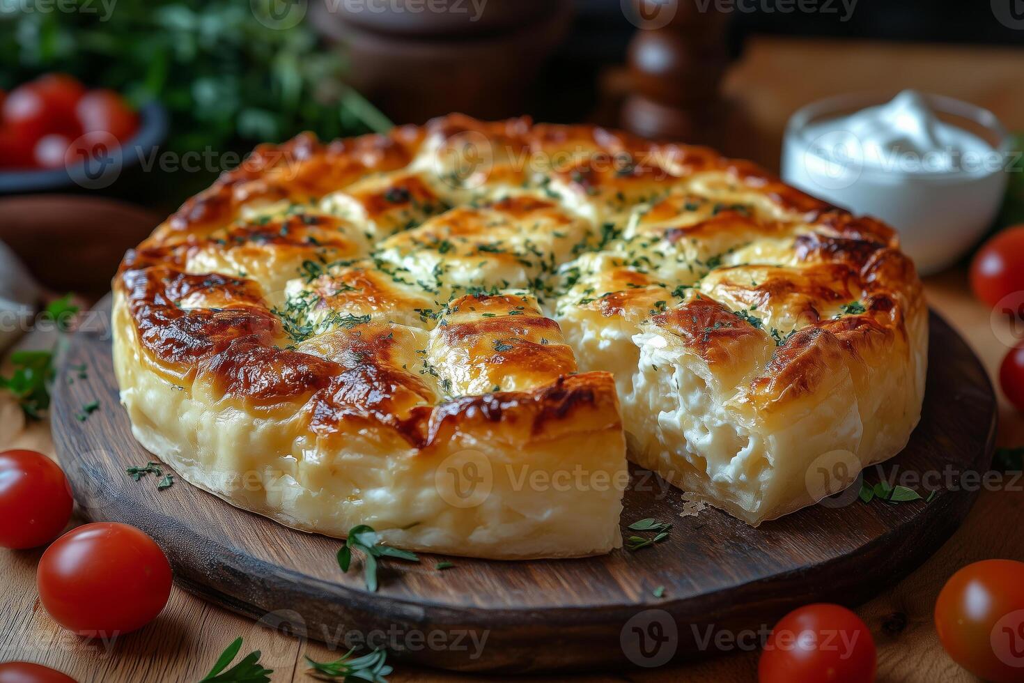 a platter of Bulgarian banitsa, golden and flaky, surrounded by yogurt and fresh herbs photo