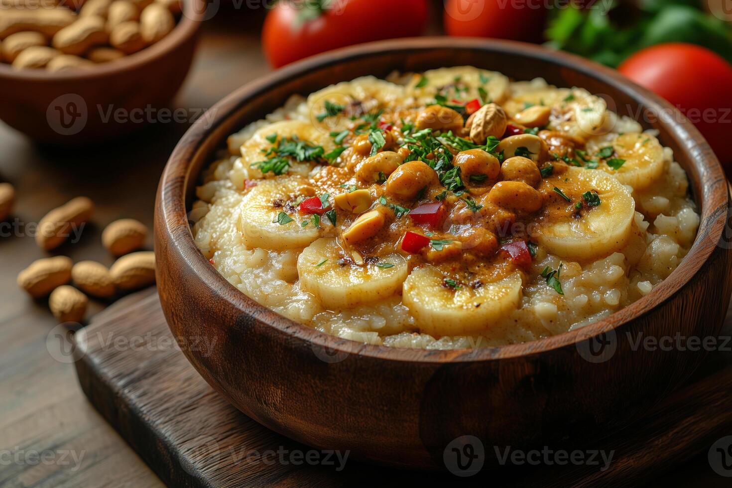 a traditional Ugandan dish, matoke , steamed plantains, with peanut sauce, served in a wooden bowl, accompanied by roasted groundnuts and fresh vegetables, warm ambient lighting photo