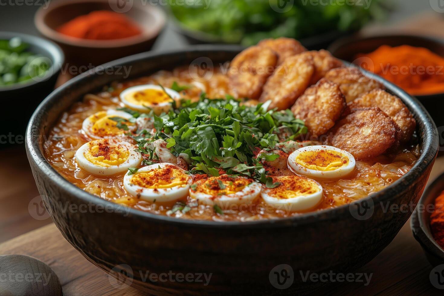 a rare Burmese mohinga, a fish-based noodle soup garnished with boiled eggs, crispy fritters, and herbs, served in a handcrafted bowl with vibrant spices photo