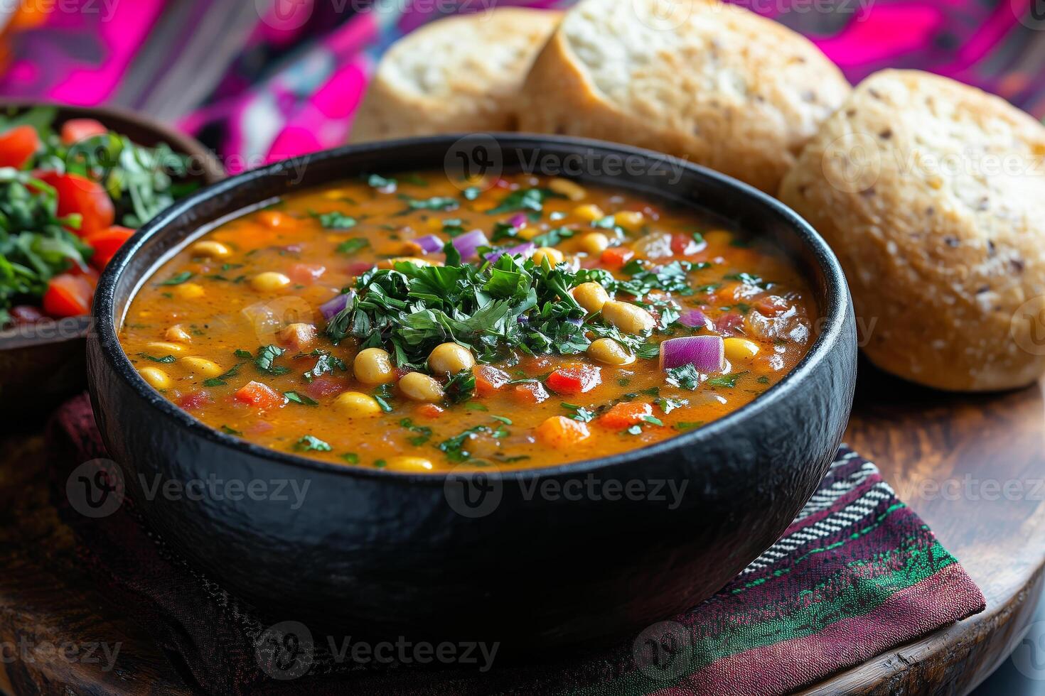 a steaming bowl of West African peanut soup, groundnut stew, served with fresh bread rolls and a side of vegetables, with vibrant traditional fabrics in the background photo