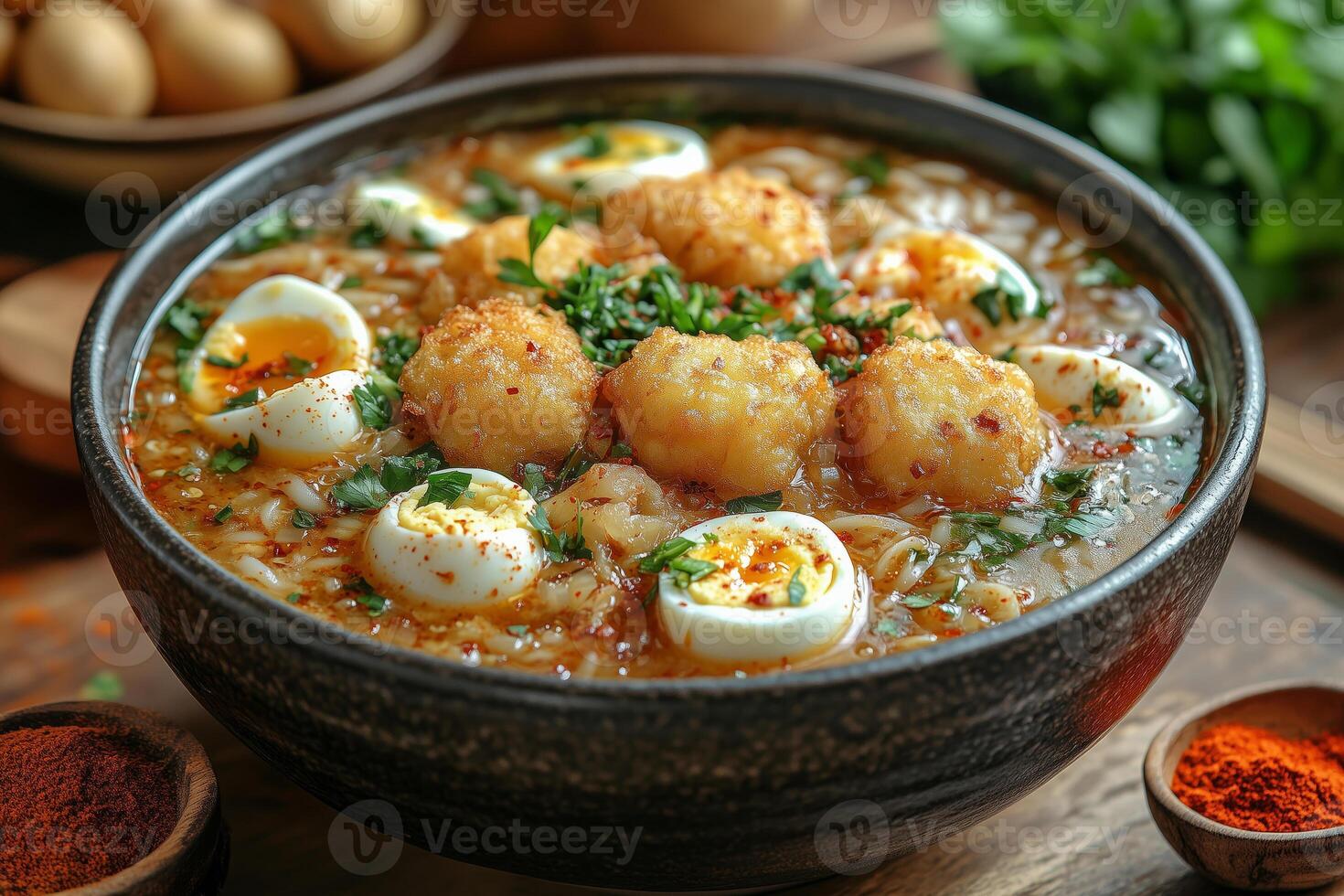 a rare Burmese mohinga, a fish-based noodle soup garnished with boiled eggs, crispy fritters, and herbs, served in a handcrafted bowl photo