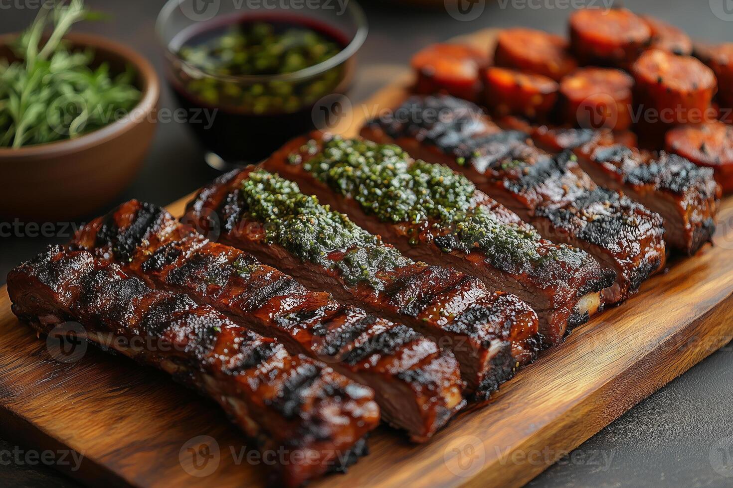 an Argentine asado, with a variety of grilled meats like chorizo and ribs, served on a rustic wooden board, surrounded by chimichurri sauce and a glass of red wine photo