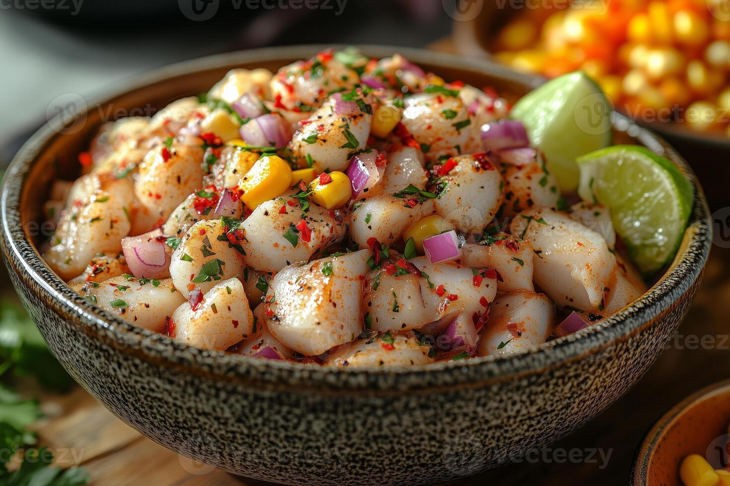 a traditional Peruvian ceviche served in a ceramic bowl, featuring fresh fish, red onions, lime juice, and chili peppers photo