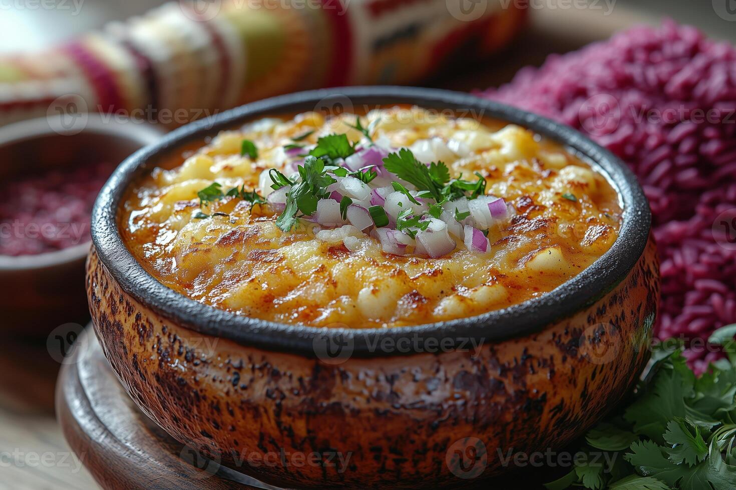 Bhutanese ema datshi, a spicy chili and cheese stew, served in a ceramic bowl with red rice on the side, traditional Bhutanese textiles in the background, and warm, inviting lighting photo