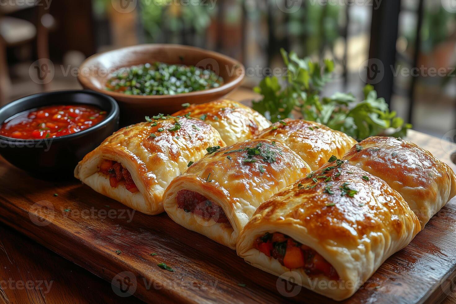 Bolivian saltenas, savory empanadas, with golden flaky crusts, stuffed with spicy meat and vegetables, served on a wooden board with a side of chili sauce photo