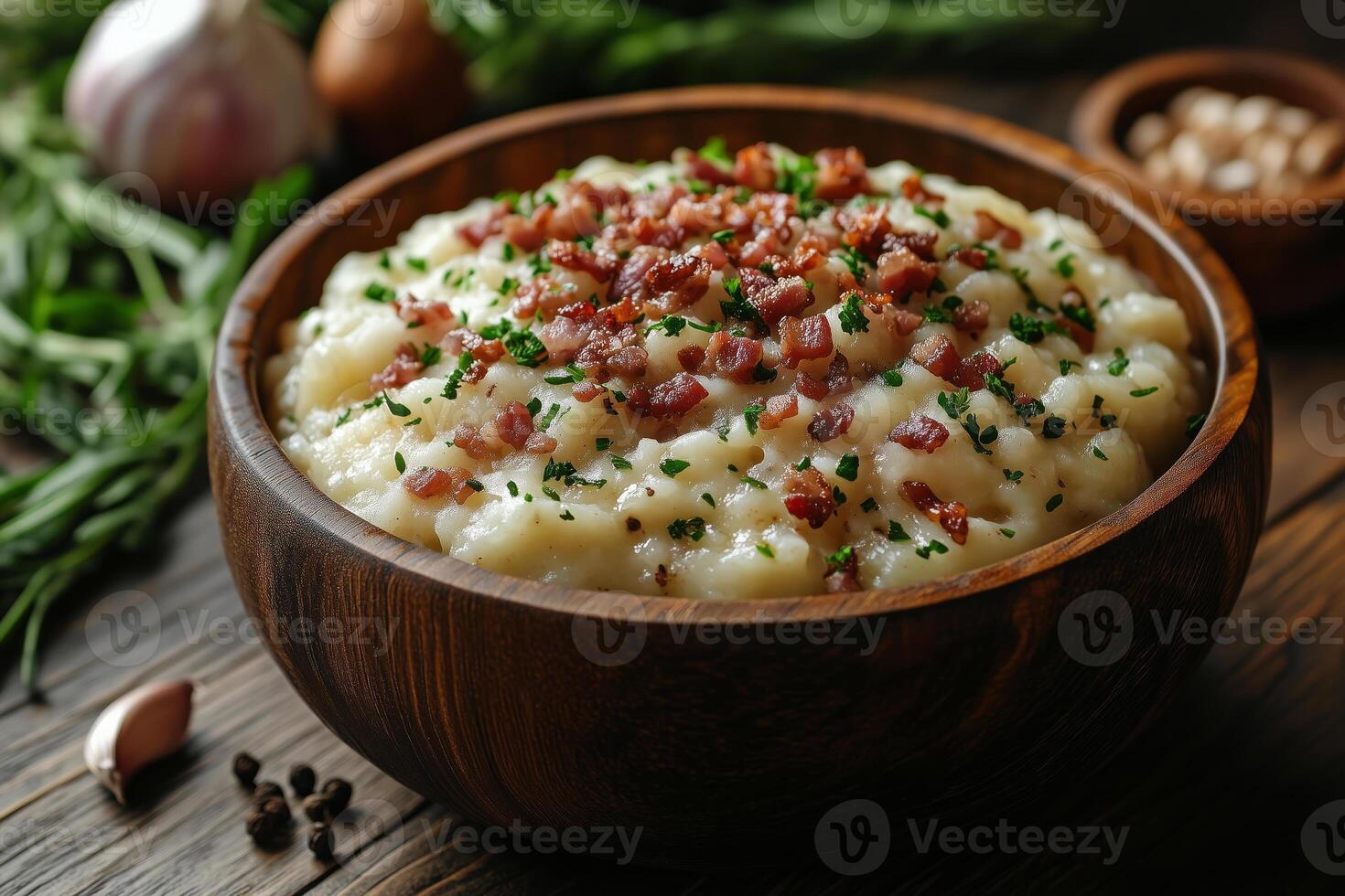 Slovak bryndzove halusky , potato dumplings with sheep cheese, topped with crispy bacon, served in a traditional wooden bowl, surrounded by fresh ingredients and natural light photo