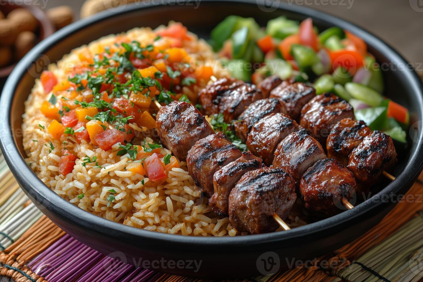 Malian rice with maafe, peanut stew, served alongside grilled meat skewers and fresh vegetables, displayed on a colorful mat with traditional decor and soft daylight photo