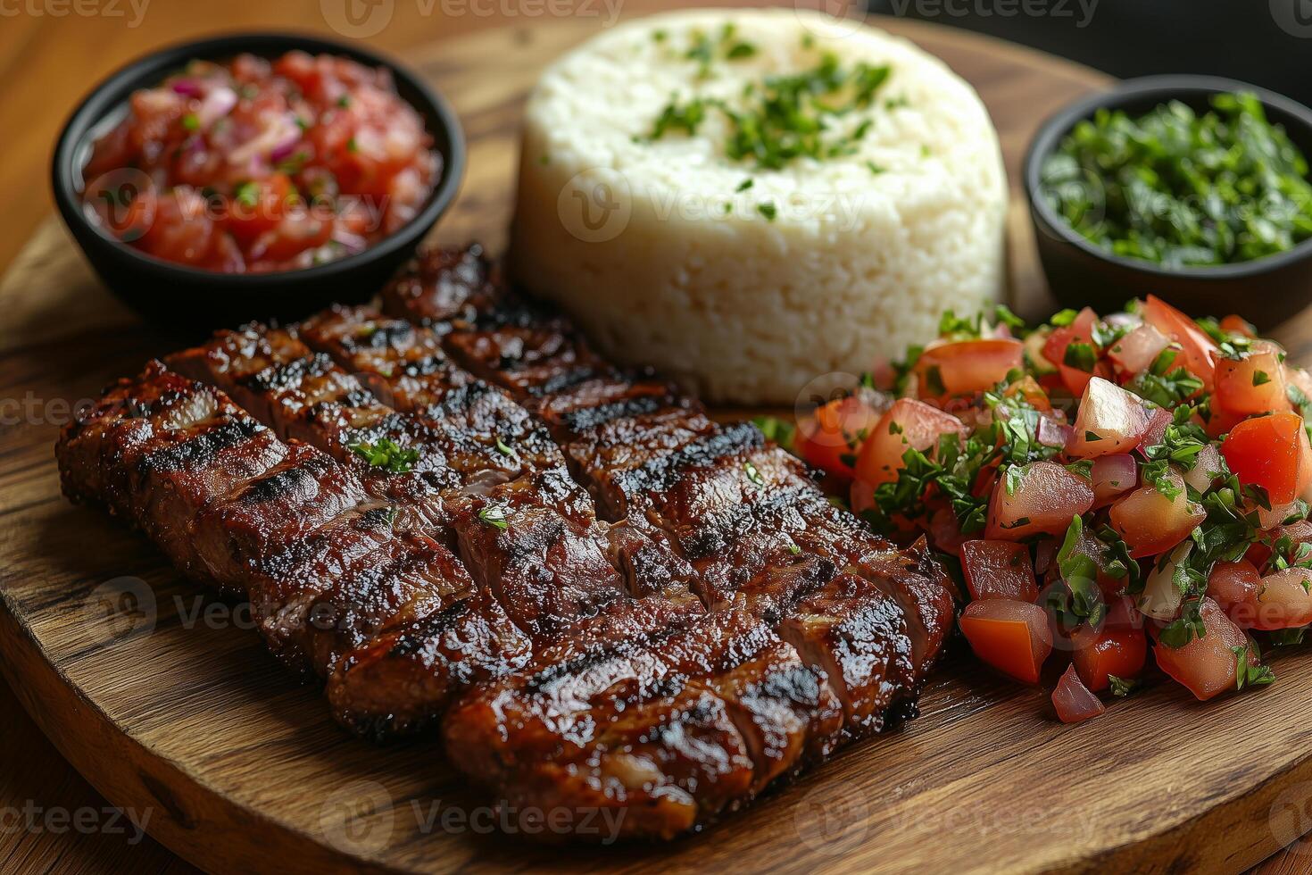 Tanzanian nyama choma, grilled meat, served with ugali and kachumbari, fresh tomato and onion salad, placed on a rustic wooden platter with bright sunlight photo