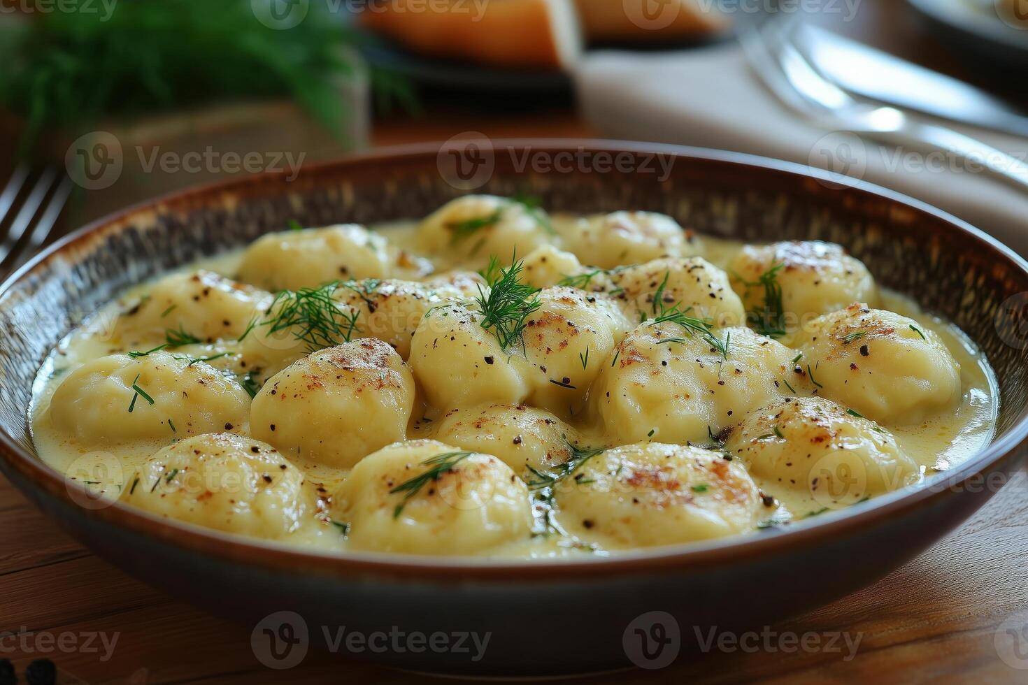 Russian pelmeni in a creamy butter sauce, garnished with dill, served in a ceramic bowl on a wooden table with traditional cutlery and soft natural light photo