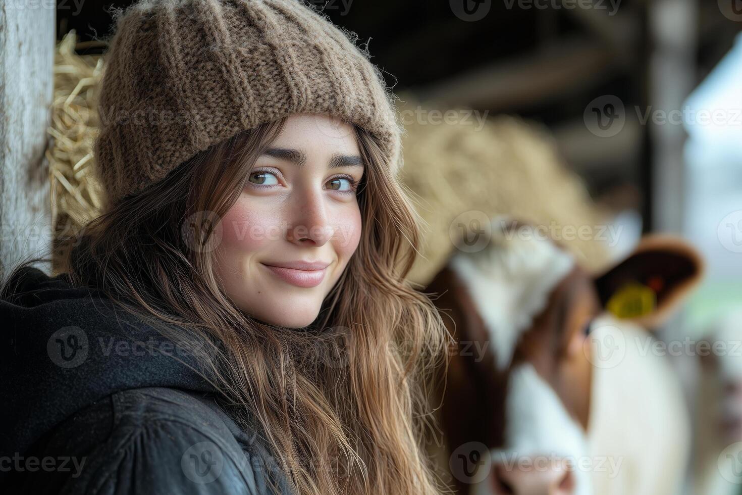 a female farmer standing next to her livestock in a small barn, discussing sustainable practices with a colleague, with hay and farming tools in the background photo