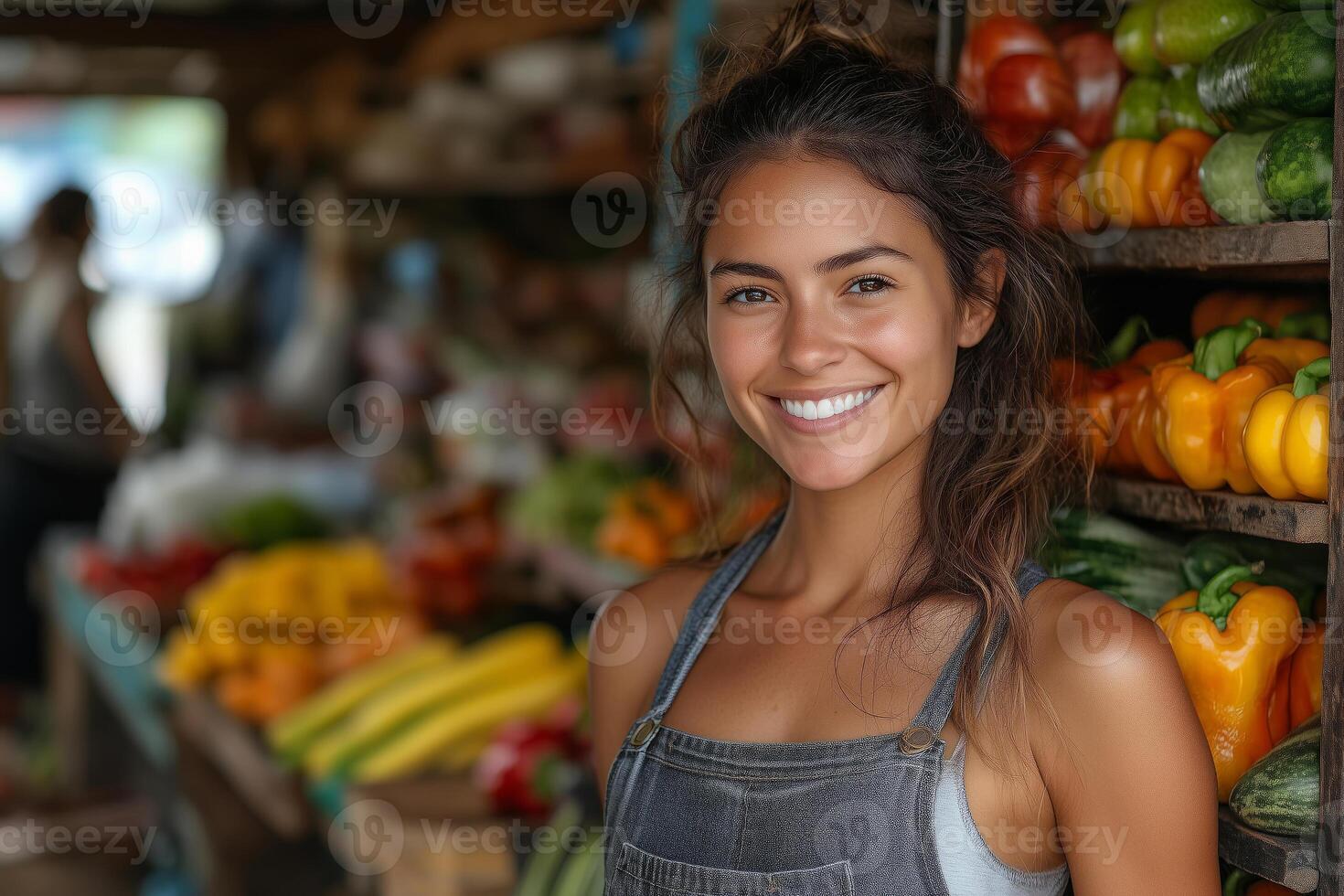 a female shop owner standing proudly in front of her small rural store, shelves stocked with colorful local products, smiling confidently under natural sunlight photo