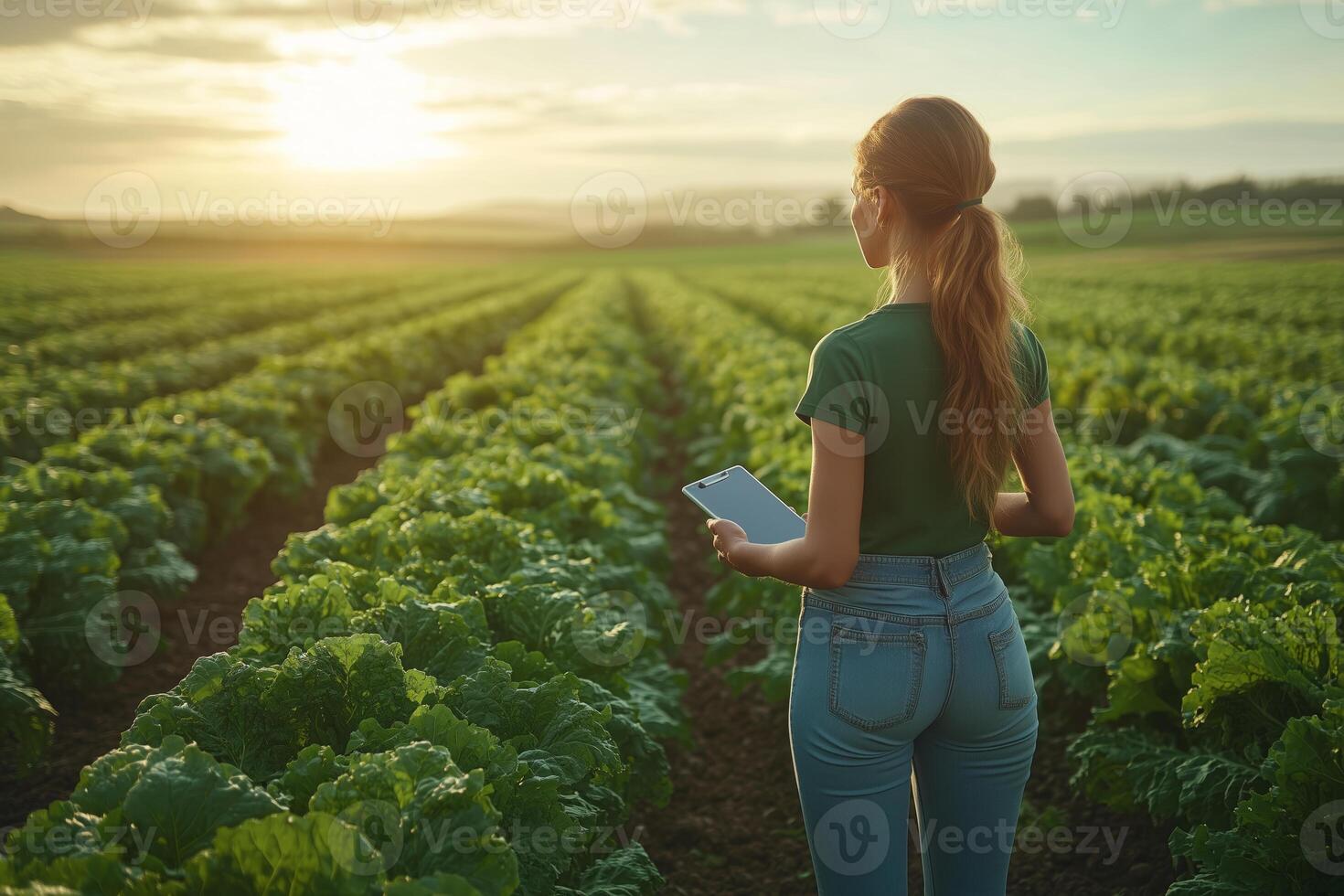 a female farmer standing confidently in the middle of a vegetable field, holding a clipboard and a smartphone, with rows of crops stretching into the distance under bright natural sunlight photo