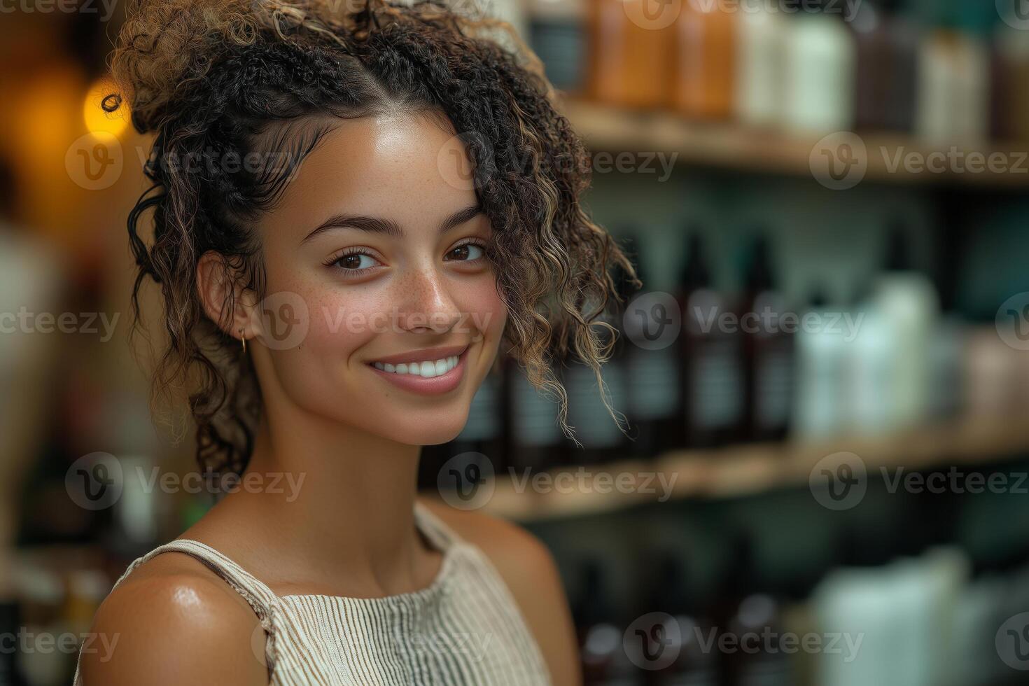 a local entrepreneur running a small beauty salon, styling a customers hair while chatting photo