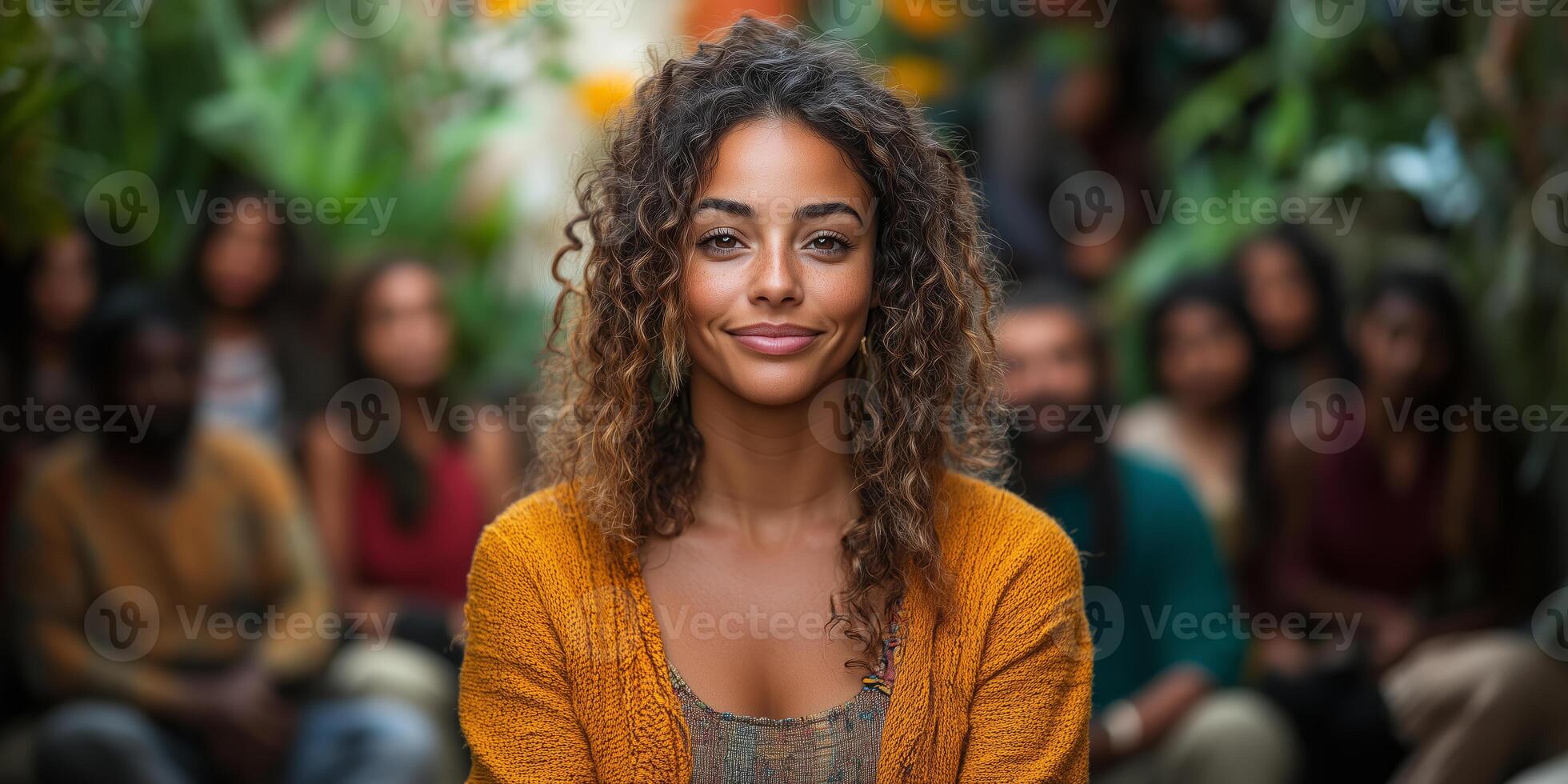 leading a community meeting outdoors and speaking confidently to a diverse group seated in a circle photo