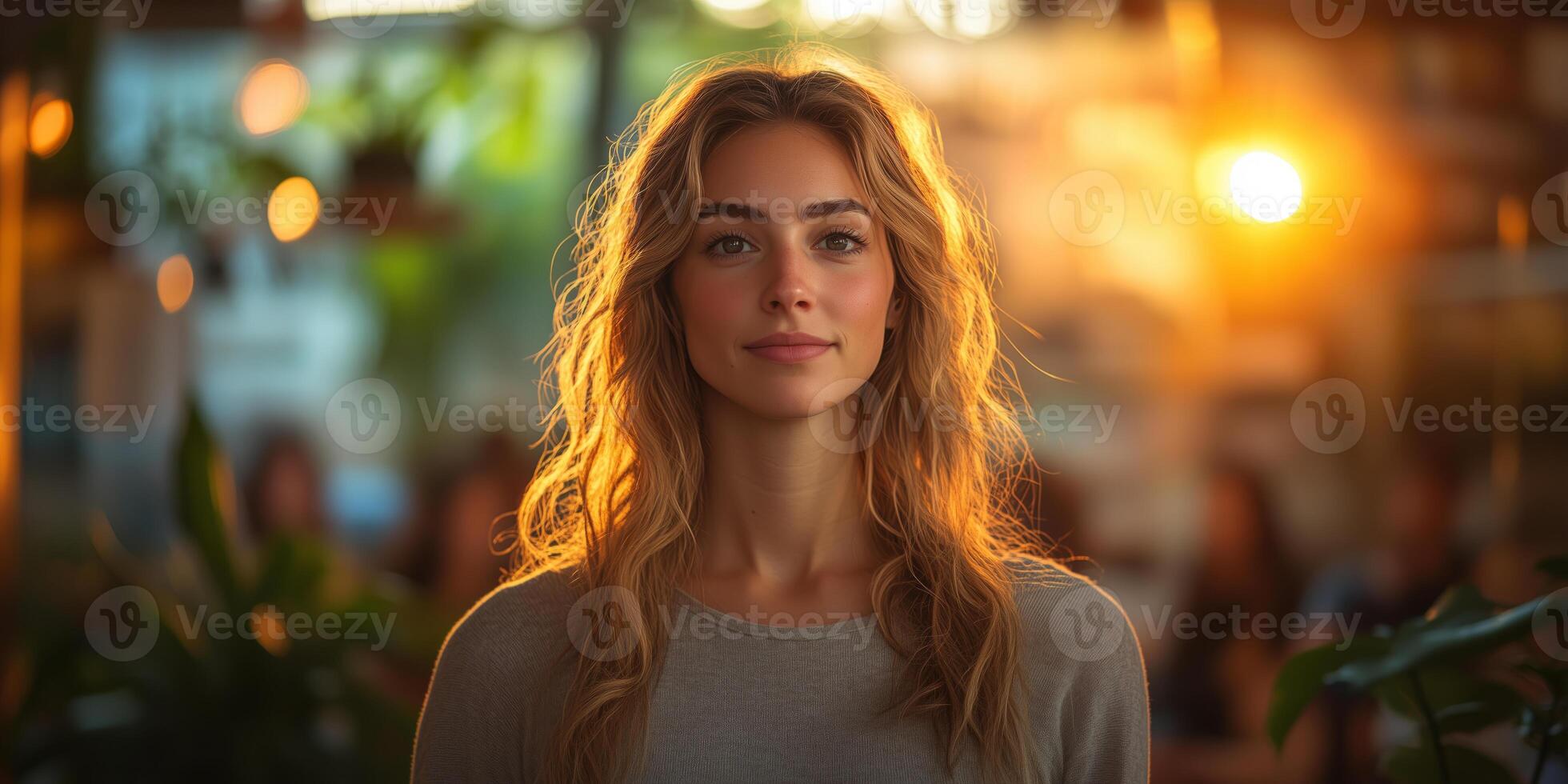 a woman standing confidently in front of a volunteer group at a community shelter, giving a motivational speech photo